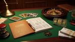 A green felt casino desk featuring an open WClub888 Game Analysis strategy journal, a mini wooden roulette wheel, gold dice encased in acrylic labeled "HOUSE EDGE," and stacks of Singapore currency.